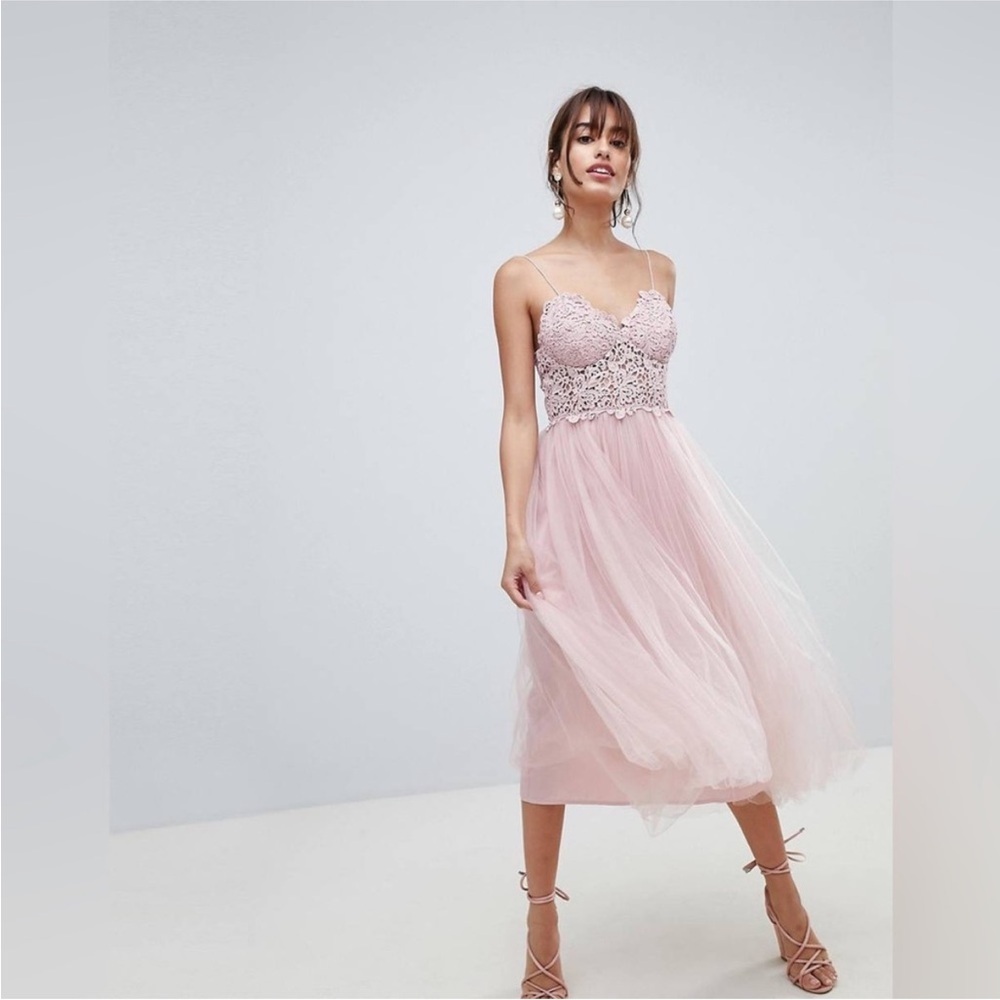 ASOS Pink Lace/Tulle Midi Dress